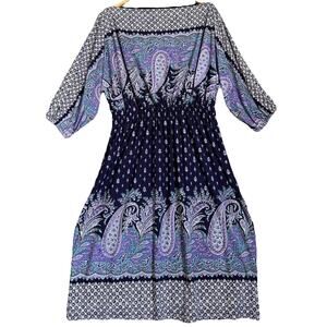 Melissa Masse Dress 1X Plum Purple Paisley Boat Neck Lined Below Knee Jersey USA